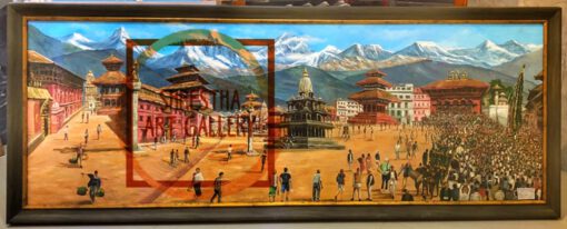 painting of 3 of Heritage sites: Bhaktapur, Patan, Basantapur with Annapurna Range