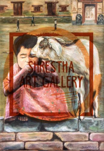 Nepali Portrait of Goat consoling little child